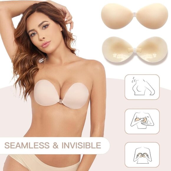 Adhesive Seamless Sticky Bra Ultra-Thin Push up Strapless Invisible Bra Solid Si - Picture 2 of 6